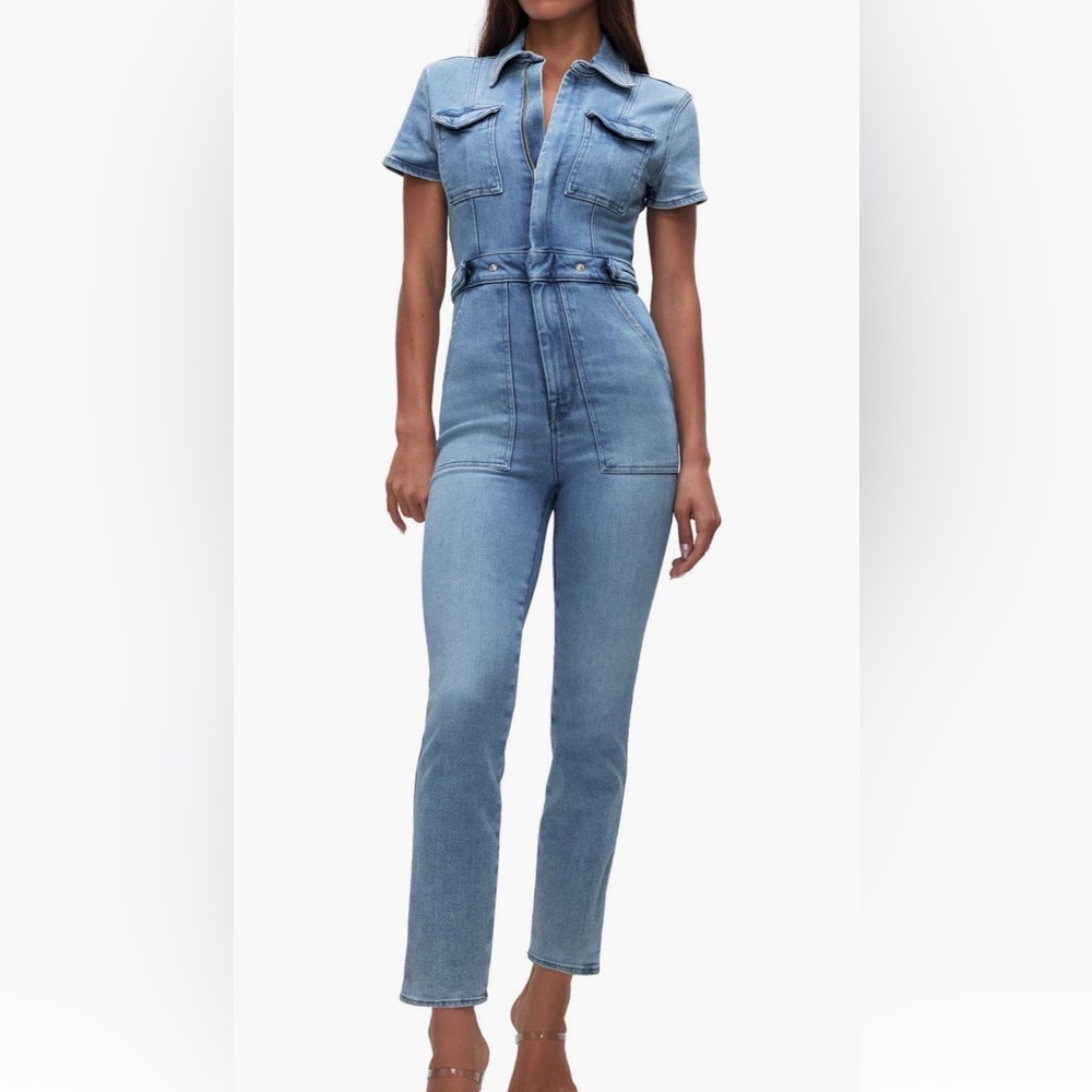 Good American Fit for Success Jumpsuit Stretch High Rise Waist Light Blue Jeans